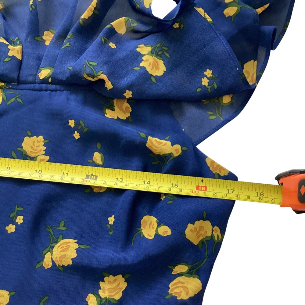 Betsey Johnson Blue Yellow Floral Wide‎ Leg Jumpsuit Ruffle Off Shoulder Size 6 - Picture 3 of 12